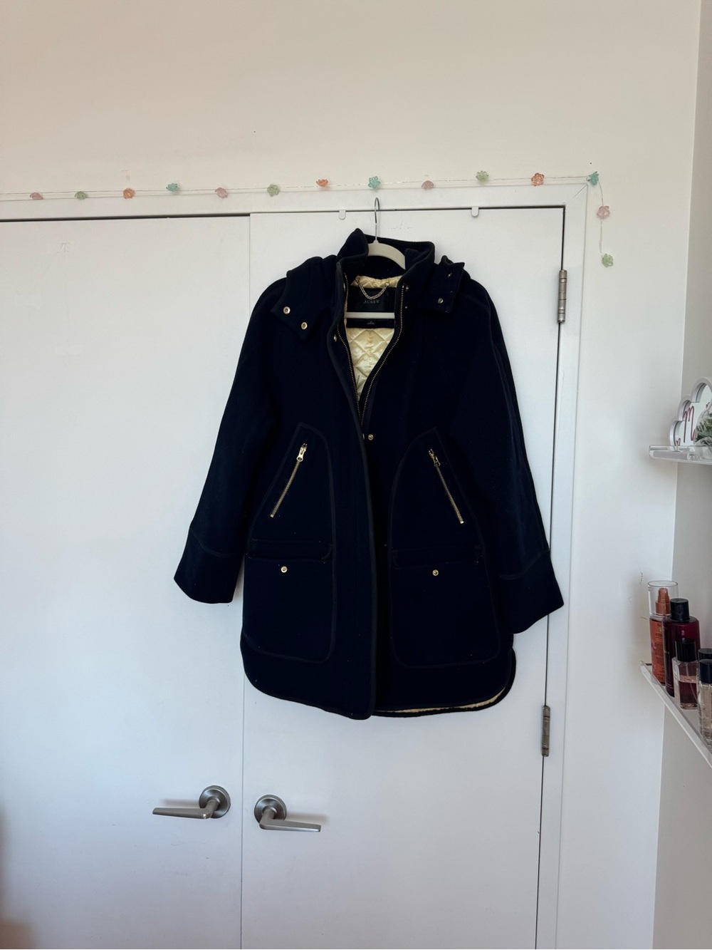 J. Crew Black Hooded Trench Coat with Quilted Lining